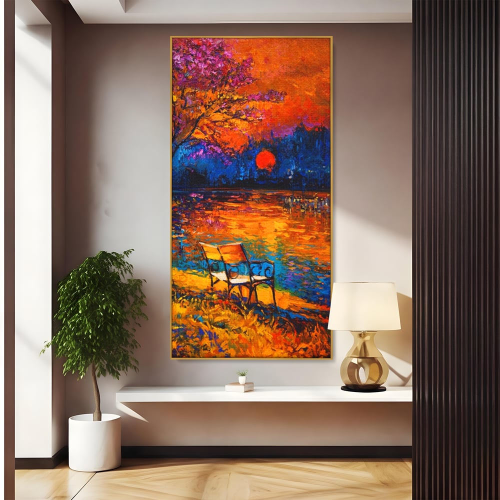 Tablou Canvas Premium LuxCanva® A1284, Luna Rosie, Living, Banca, Lac, Padure, Copac, Dormitor, Culori Vibrante