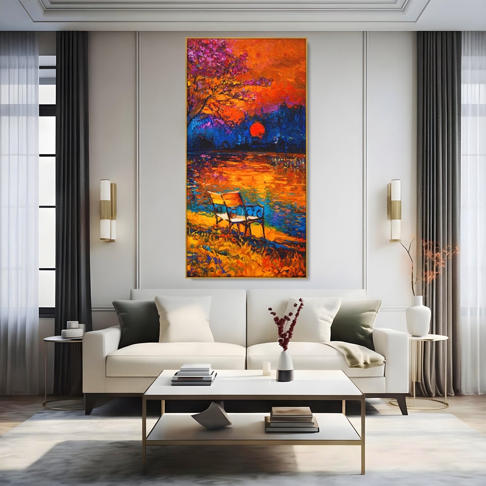 Tablou Canvas Premium LuxCanva® A1284, Luna Rosie, Living, Banca, Lac, Padure, Copac, Dormitor, Culori Vibrante