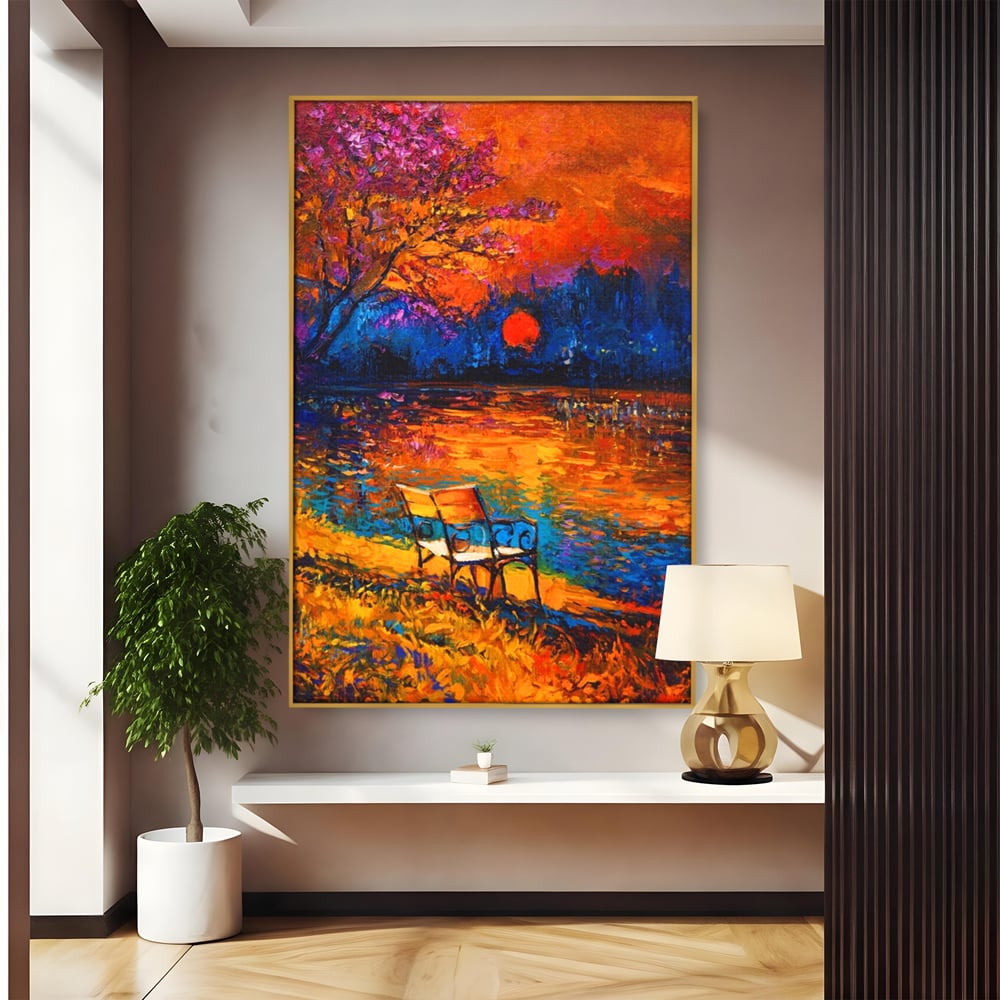 Tablou Canvas Premium LuxCanva® A1284, Luna Rosie, Living, Banca, Lac, Padure, Copac, Dormitor, Culori Vibrante