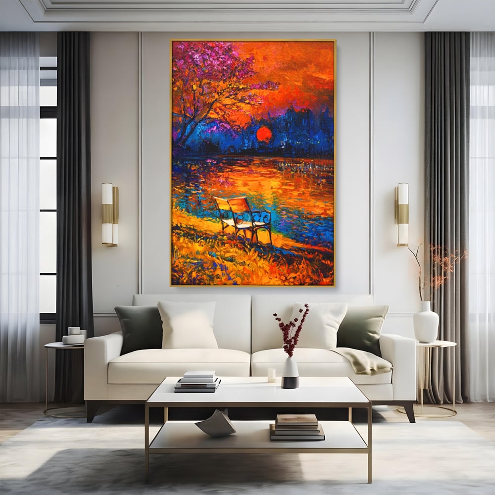 Tablou Canvas Premium LuxCanva® A1284, Luna Rosie, Living, Banca, Lac, Padure, Copac, Dormitor, Culori Vibrante