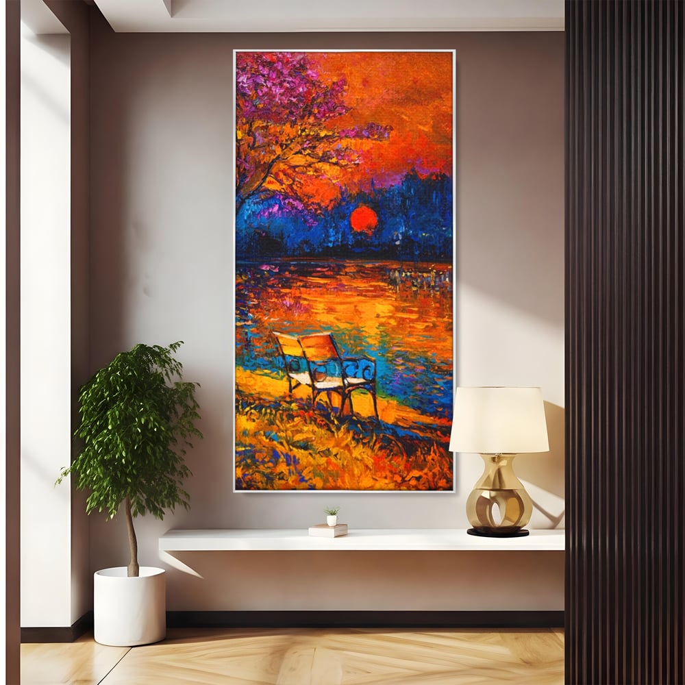 Tablou Canvas Premium LuxCanva® A1284, Luna Rosie, Living, Banca, Lac, Padure, Copac, Dormitor, Culori Vibrante