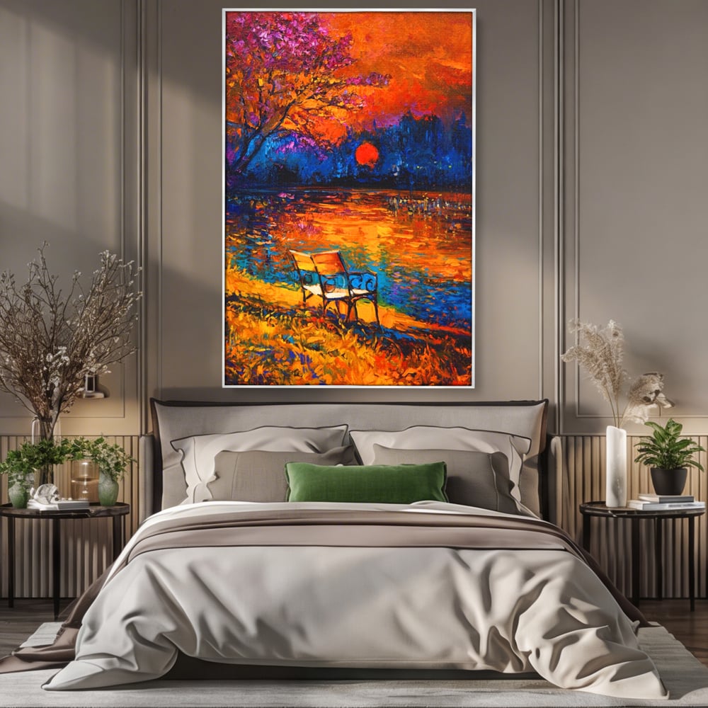 Tablou Canvas Premium LuxCanva® A1284, Luna Rosie, Living, Banca, Lac, Padure, Copac, Dormitor, Culori Vibrante