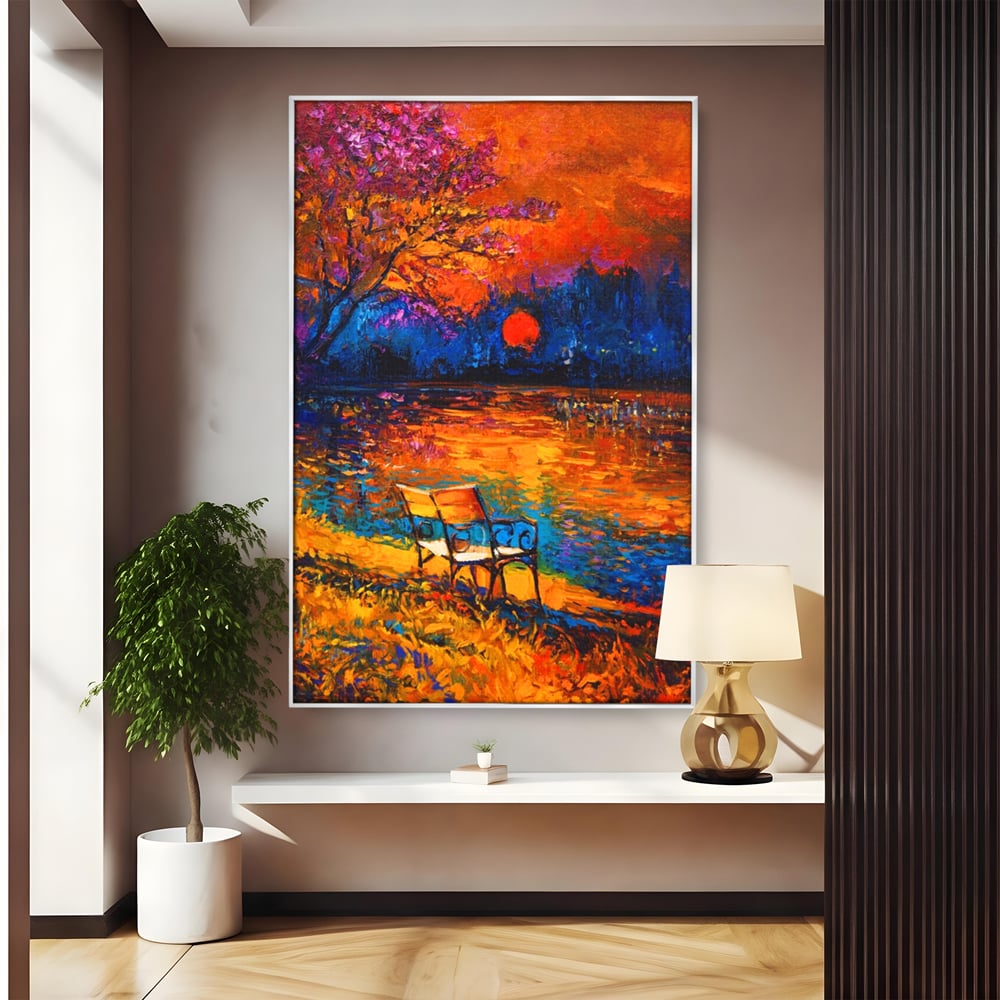 Tablou Canvas Premium LuxCanva® A1284, Luna Rosie, Living, Banca, Lac, Padure, Copac, Dormitor, Culori Vibrante