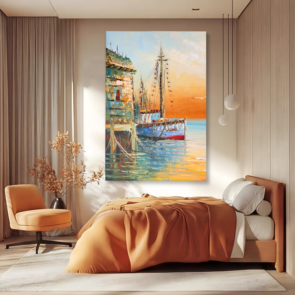 Leinwand Wandkunst Leinwand Wandkunst LuxCanva® A1285, Altes Boot, Wohnen, Leben, Dampf, Hafen, Meer, Vogel, Vogel, Schlafzimmer, leuchtende Farben