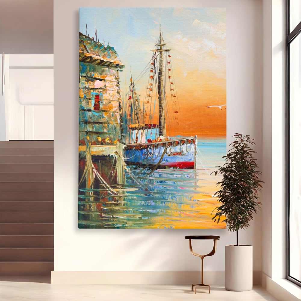 Leinwand Wandkunst Leinwand Wandkunst LuxCanva® A1285, Altes Boot, Wohnen, Leben, Dampf, Hafen, Meer, Vogel, Vogel, Schlafzimmer, leuchtende Farben