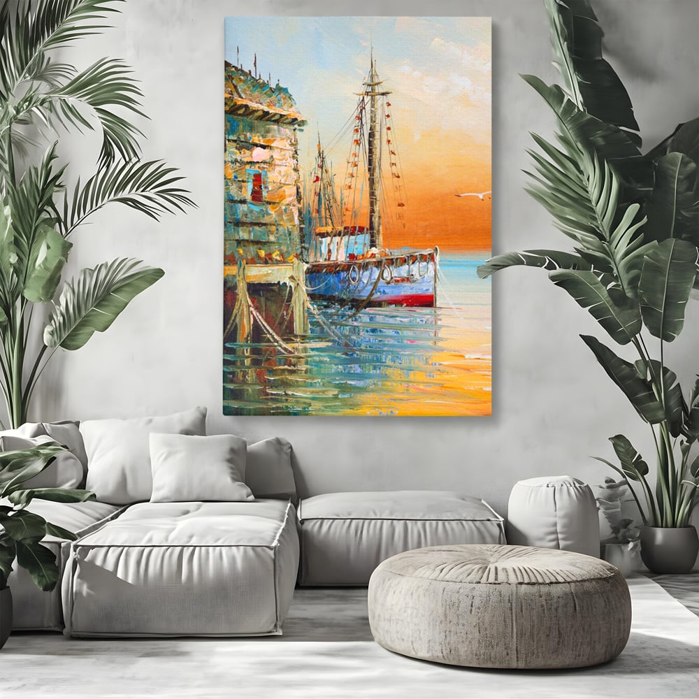Leinwand Wandkunst Leinwand Wandkunst LuxCanva® A1285, Altes Boot, Wohnen, Leben, Dampf, Hafen, Meer, Vogel, Vogel, Schlafzimmer, leuchtende Farben