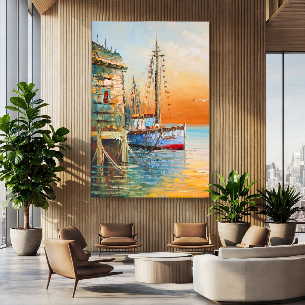 Leinwand Wandkunst Leinwand Wandkunst LuxCanva® A1285, Altes Boot, Wohnen, Leben, Dampf, Hafen, Meer, Vogel, Vogel, Schlafzimmer, leuchtende Farben