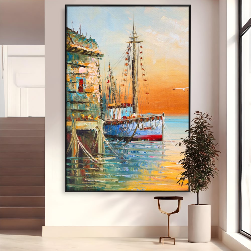 Leinwand Wandkunst Leinwand Wandkunst LuxCanva® A1285, Altes Boot, Wohnen, Leben, Dampf, Hafen, Meer, Vogel, Vogel, Schlafzimmer, leuchtende Farben