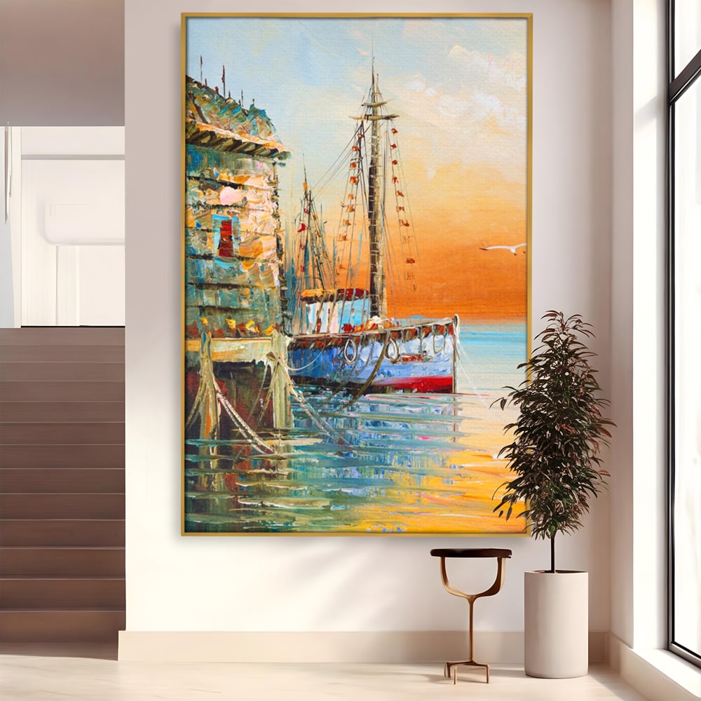 Leinwand Wandkunst Leinwand Wandkunst LuxCanva® A1285, Altes Boot, Wohnen, Leben, Dampf, Hafen, Meer, Vogel, Vogel, Schlafzimmer, leuchtende Farben
