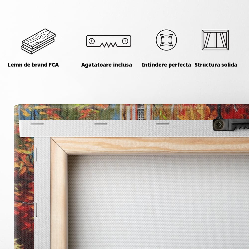 Tablou Canvas Premium LuxCanva® A1287, Cladirea Cu Ceas, Living, Toamna, Frunze, Copaci, Felinar, Dormitor, Culori Vibrante