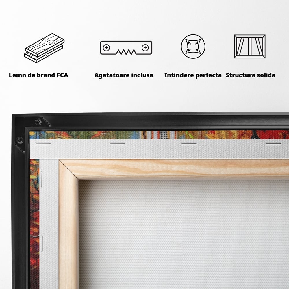 Tablou Canvas Premium LuxCanva® A1287, Cladirea Cu Ceas, Living, Toamna, Frunze, Copaci, Felinar, Dormitor, Culori Vibrante