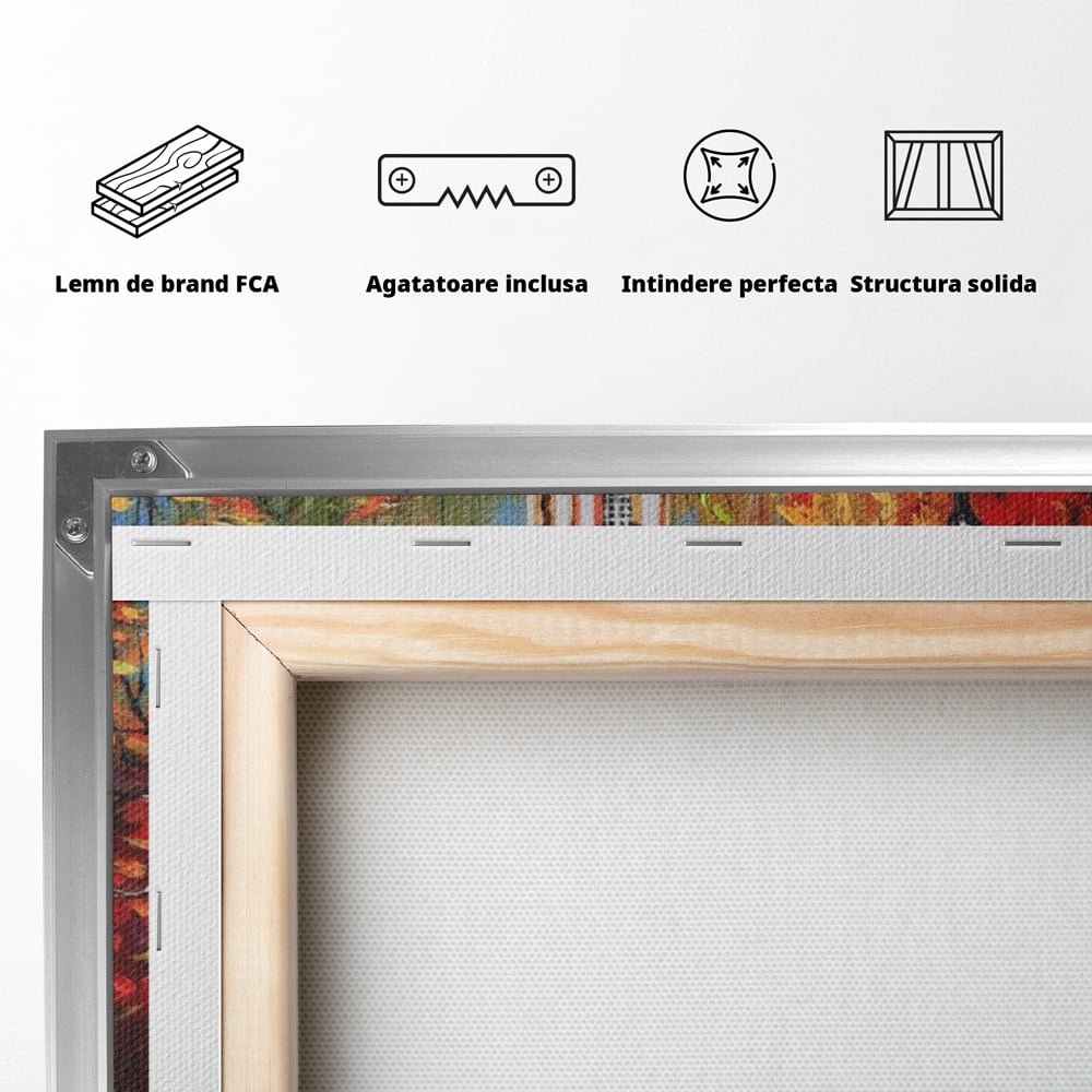 Tablou Canvas Premium LuxCanva® A1287, Cladirea Cu Ceas, Living, Toamna, Frunze, Copaci, Felinar, Dormitor, Culori Vibrante