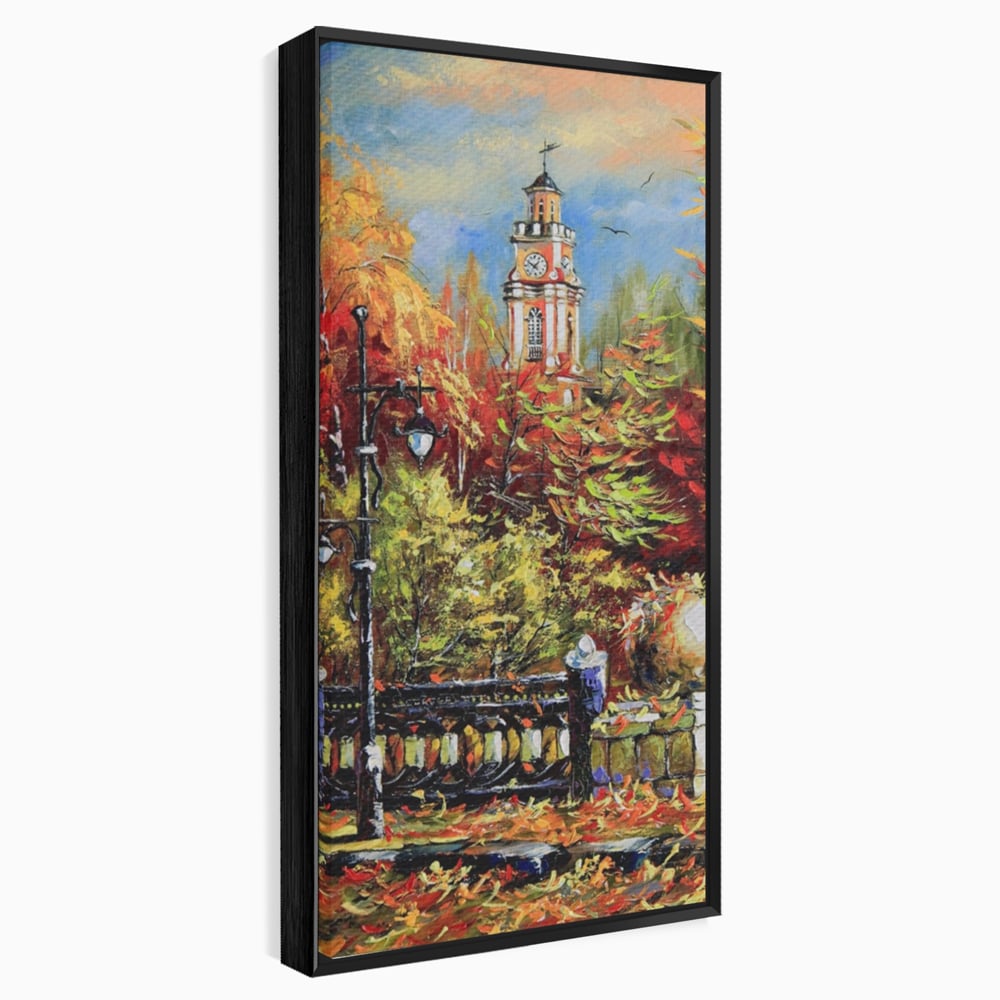 Tablou Canvas Premium LuxCanva® A1287, Cladirea Cu Ceas, Living, Toamna, Frunze, Copaci, Felinar, Dormitor, Culori Vibrante