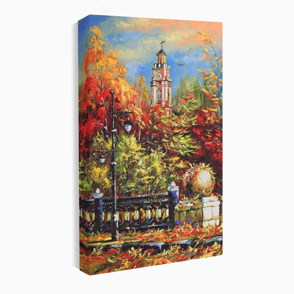 Tablou Canvas Premium LuxCanva® A1287, Cladirea Cu Ceas, Living, Toamna, Frunze, Copaci, Felinar, Dormitor, Culori Vibrante