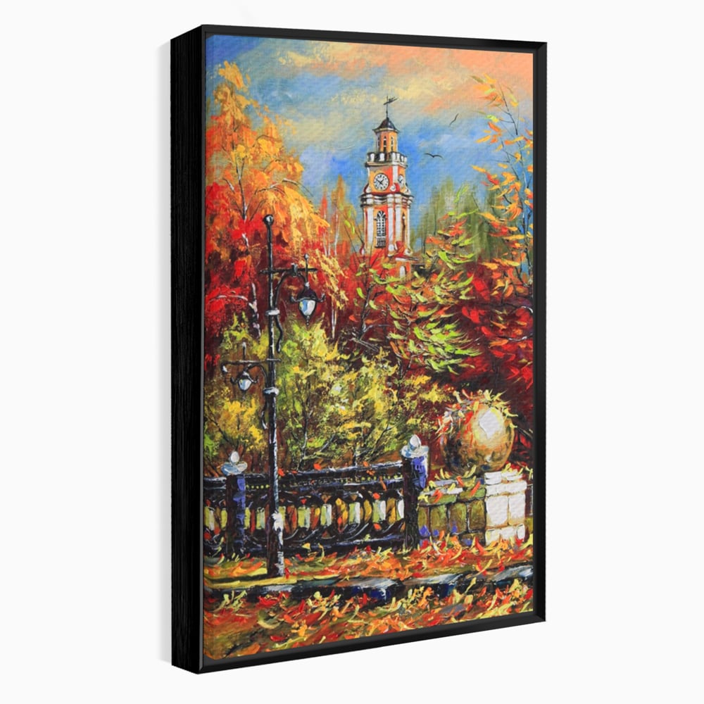 Tablou Canvas Premium LuxCanva® A1287, Cladirea Cu Ceas, Living, Toamna, Frunze, Copaci, Felinar, Dormitor, Culori Vibrante