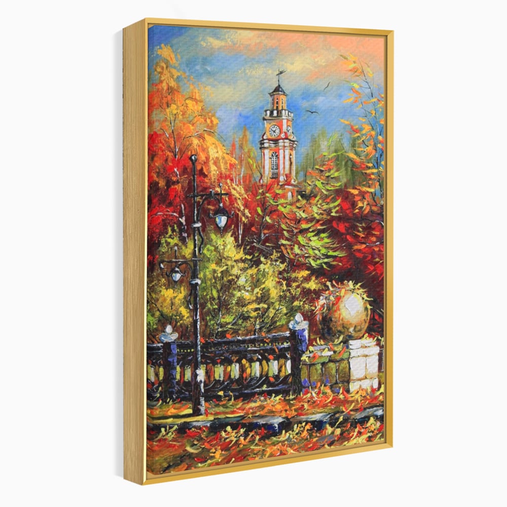 Tablou Canvas Premium LuxCanva® A1287, Cladirea Cu Ceas, Living, Toamna, Frunze, Copaci, Felinar, Dormitor, Culori Vibrante