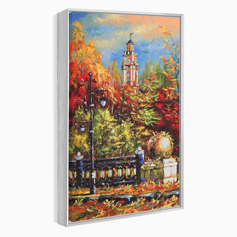 Tablou Canvas Premium LuxCanva® A1287, Cladirea Cu Ceas, Living, Toamna, Frunze, Copaci, Felinar, Dormitor, Culori Vibrante