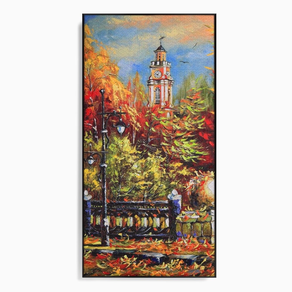 Tablou Canvas Premium LuxCanva® A1287, Cladirea Cu Ceas, Living, Toamna, Frunze, Copaci, Felinar, Dormitor, Culori Vibrante