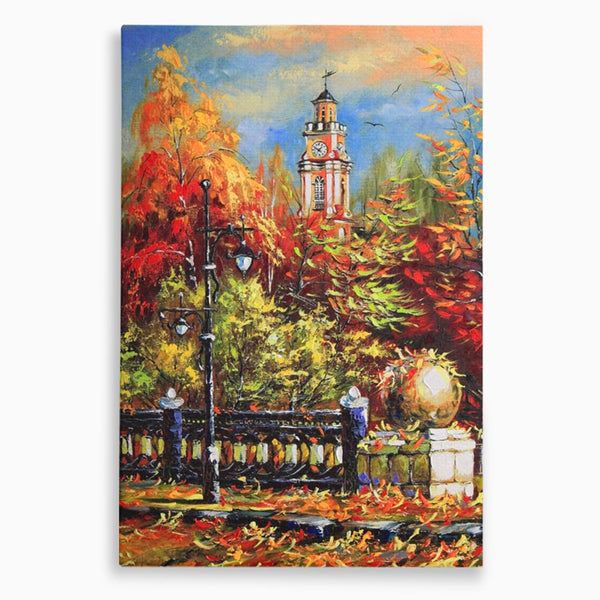 Tablou Canvas Premium LuxCanva® A1287, Cladirea Cu Ceas, Living, Toamna, Frunze, Copaci, Felinar, Dormitor, Culori Vibrante