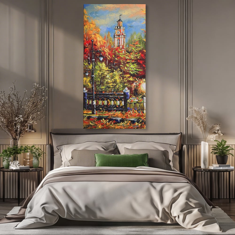 Tablou Canvas Premium LuxCanva® A1287, Cladirea Cu Ceas, Living, Toamna, Frunze, Copaci, Felinar, Dormitor, Culori Vibrante