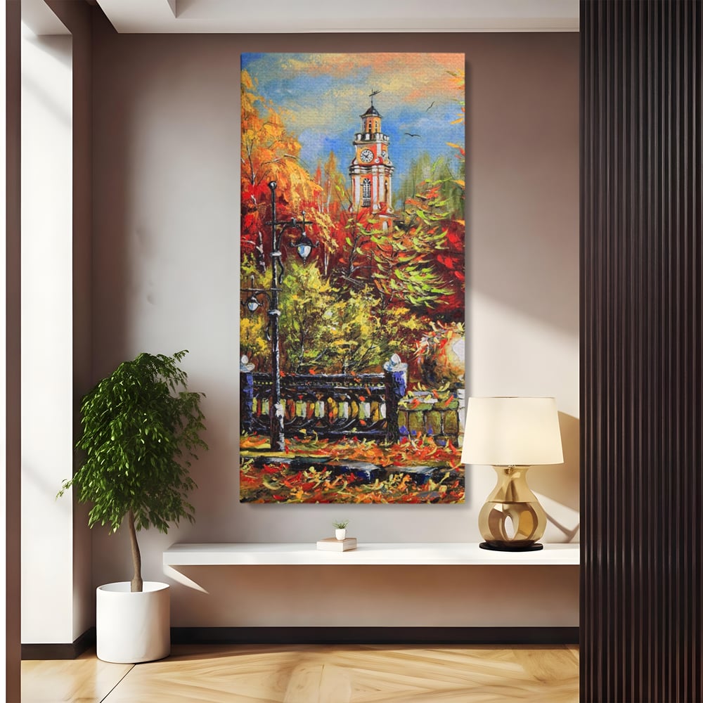 Tablou Canvas Premium LuxCanva® A1287, Cladirea Cu Ceas, Living, Toamna, Frunze, Copaci, Felinar, Dormitor, Culori Vibrante