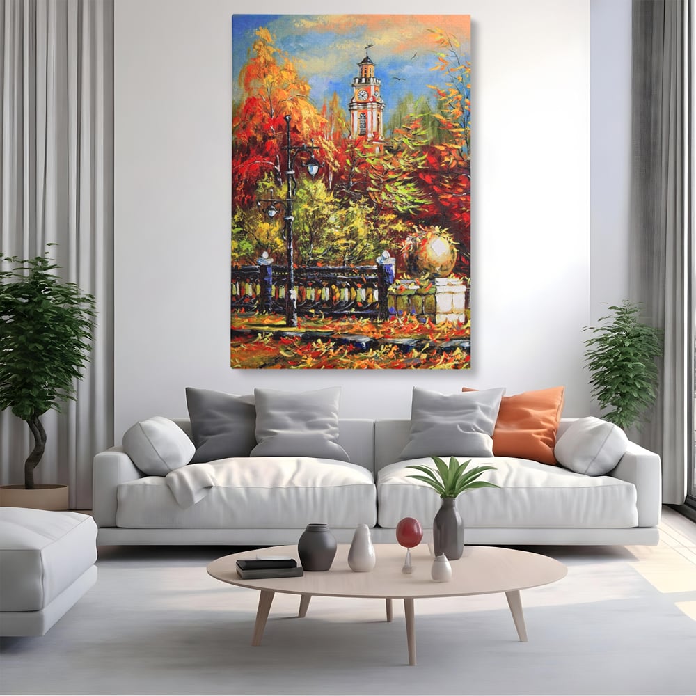Tablou Canvas Premium LuxCanva® A1287, Cladirea Cu Ceas, Living, Toamna, Frunze, Copaci, Felinar, Dormitor, Culori Vibrante