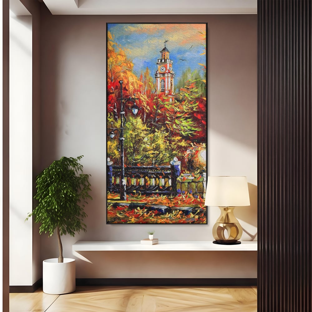 Tablou Canvas Premium LuxCanva® A1287, Cladirea Cu Ceas, Living, Toamna, Frunze, Copaci, Felinar, Dormitor, Culori Vibrante