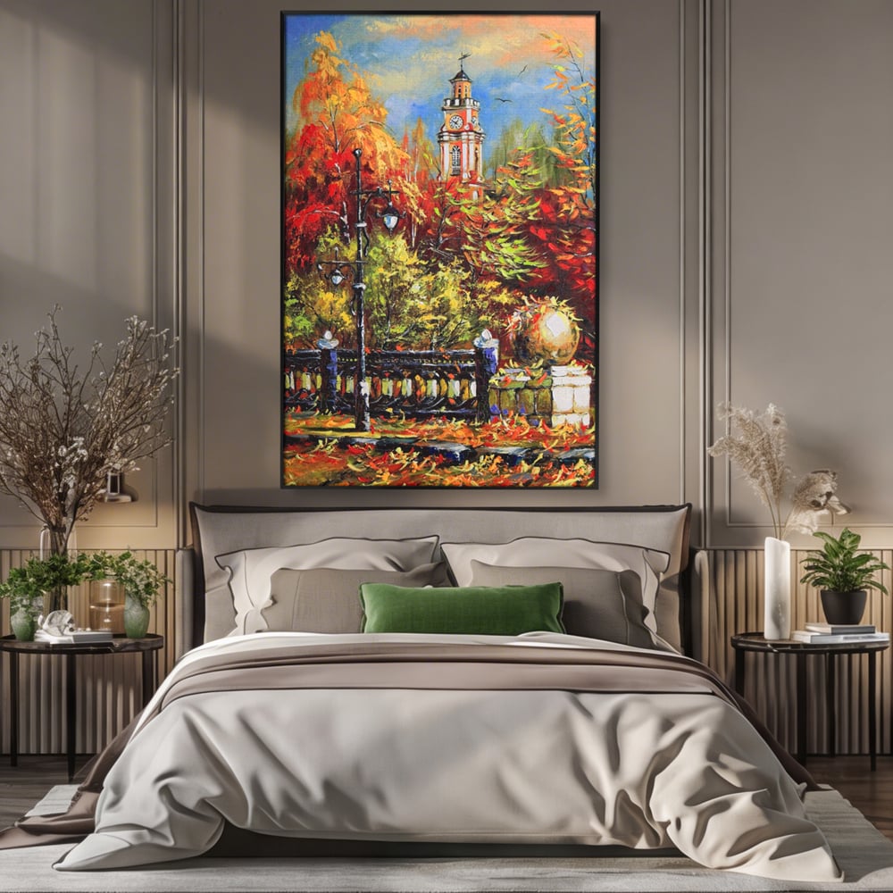 Tablou Canvas Premium LuxCanva® A1287, Cladirea Cu Ceas, Living, Toamna, Frunze, Copaci, Felinar, Dormitor, Culori Vibrante
