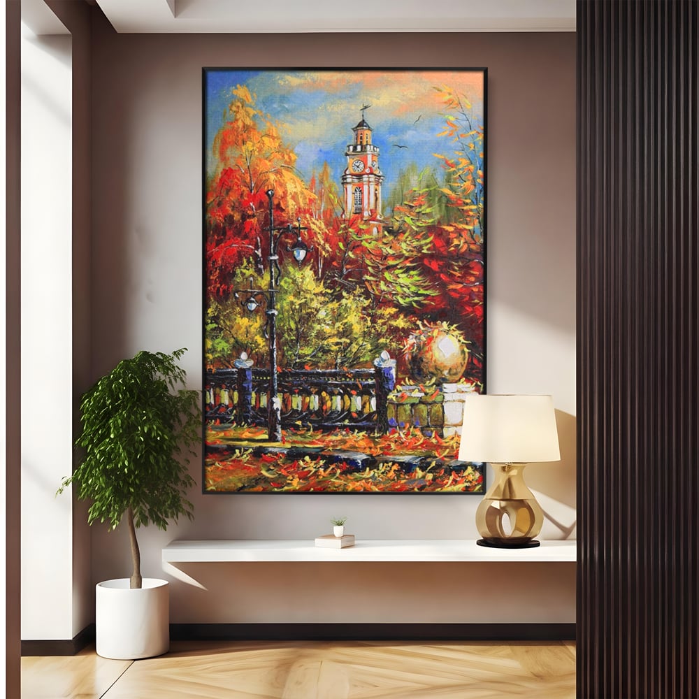 Tablou Canvas Premium LuxCanva® A1287, Cladirea Cu Ceas, Living, Toamna, Frunze, Copaci, Felinar, Dormitor, Culori Vibrante