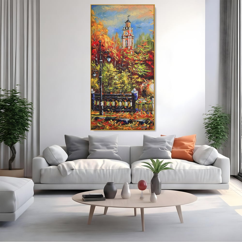Tablou Canvas Premium LuxCanva® A1287, Cladirea Cu Ceas, Living, Toamna, Frunze, Copaci, Felinar, Dormitor, Culori Vibrante