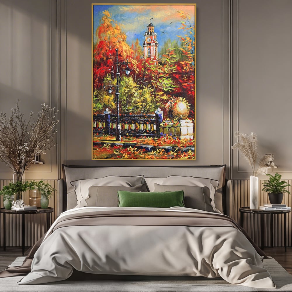 Tablou Canvas Premium LuxCanva® A1287, Cladirea Cu Ceas, Living, Toamna, Frunze, Copaci, Felinar, Dormitor, Culori Vibrante