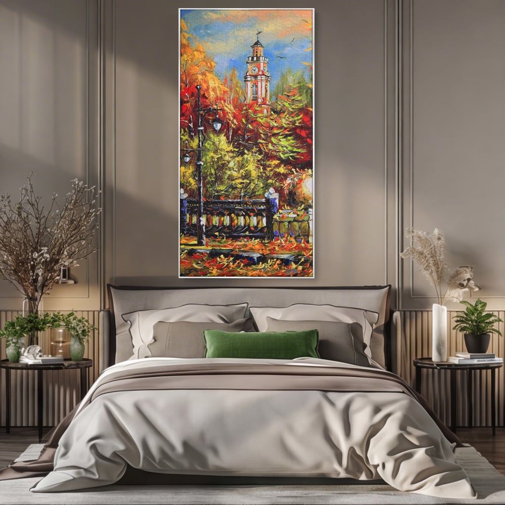 Tablou Canvas Premium LuxCanva® A1287, Cladirea Cu Ceas, Living, Toamna, Frunze, Copaci, Felinar, Dormitor, Culori Vibrante