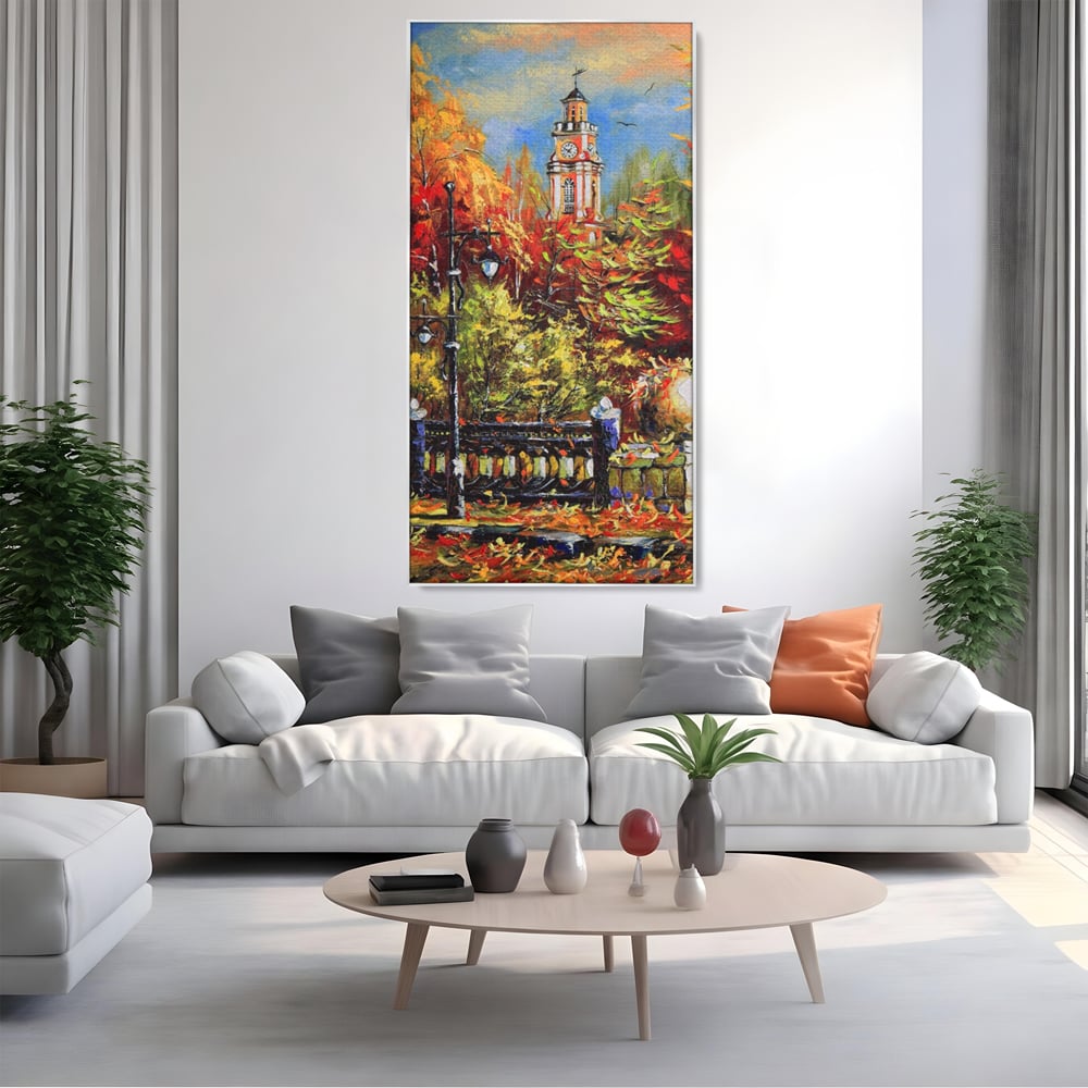 Tablou Canvas Premium LuxCanva® A1287, Cladirea Cu Ceas, Living, Toamna, Frunze, Copaci, Felinar, Dormitor, Culori Vibrante
