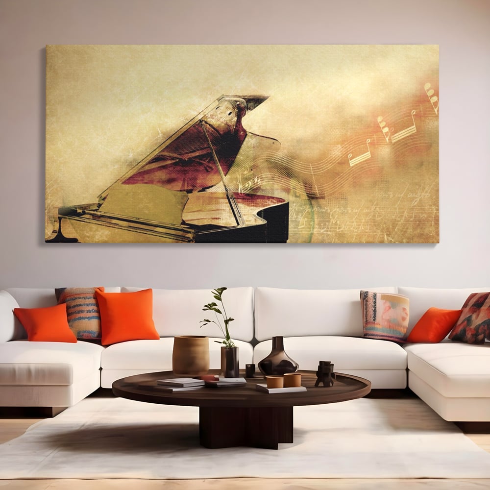 Tablou Canvas Premium LuxCanva® A1288, Pianul, Living, Instrument Muzical, Note Muzicale, Portativ, Studio, Culori Vibrante