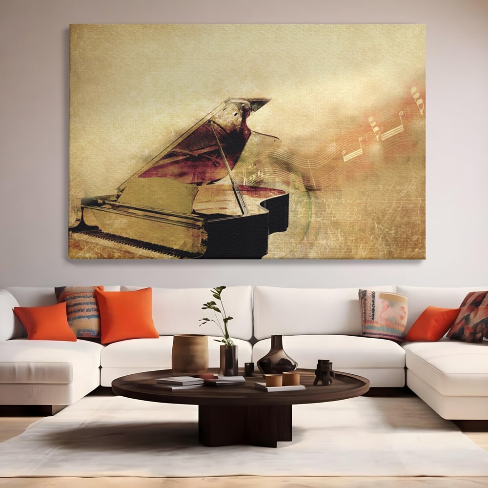 Tablou Canvas Premium LuxCanva® A1288, Pianul, Living, Instrument Muzical, Note Muzicale, Portativ, Studio, Culori Vibrante