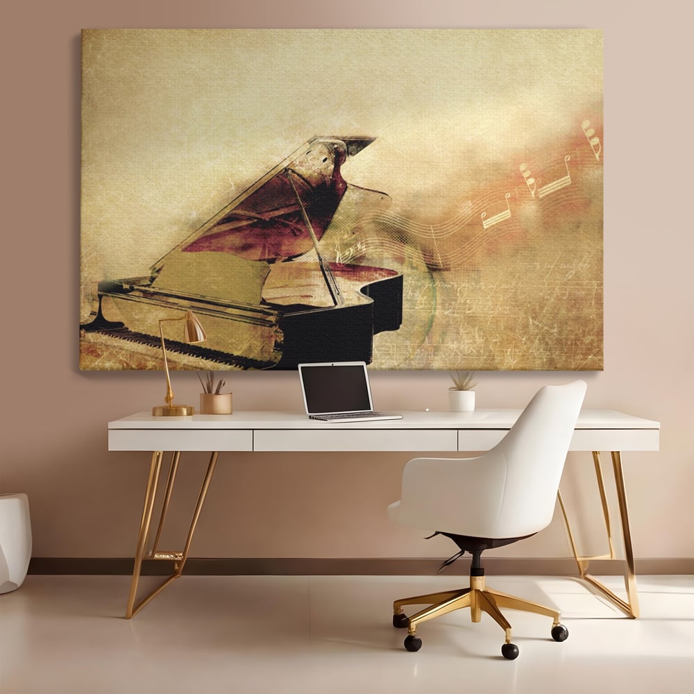 Tablou Canvas Premium LuxCanva® A1288, Pianul, Living, Instrument Muzical, Note Muzicale, Portativ, Studio, Culori Vibrante