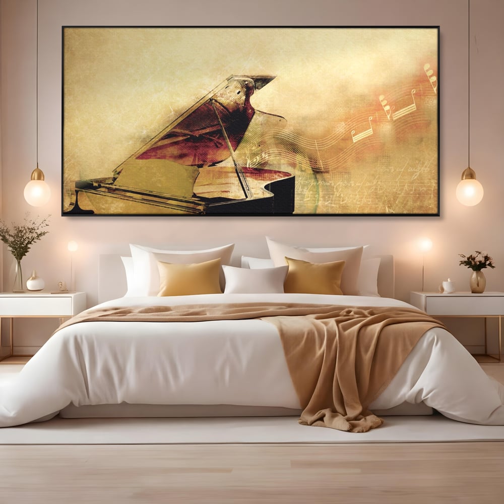 Tablou Canvas Premium LuxCanva® A1288, Pianul, Living, Instrument Muzical, Note Muzicale, Portativ, Studio, Culori Vibrante