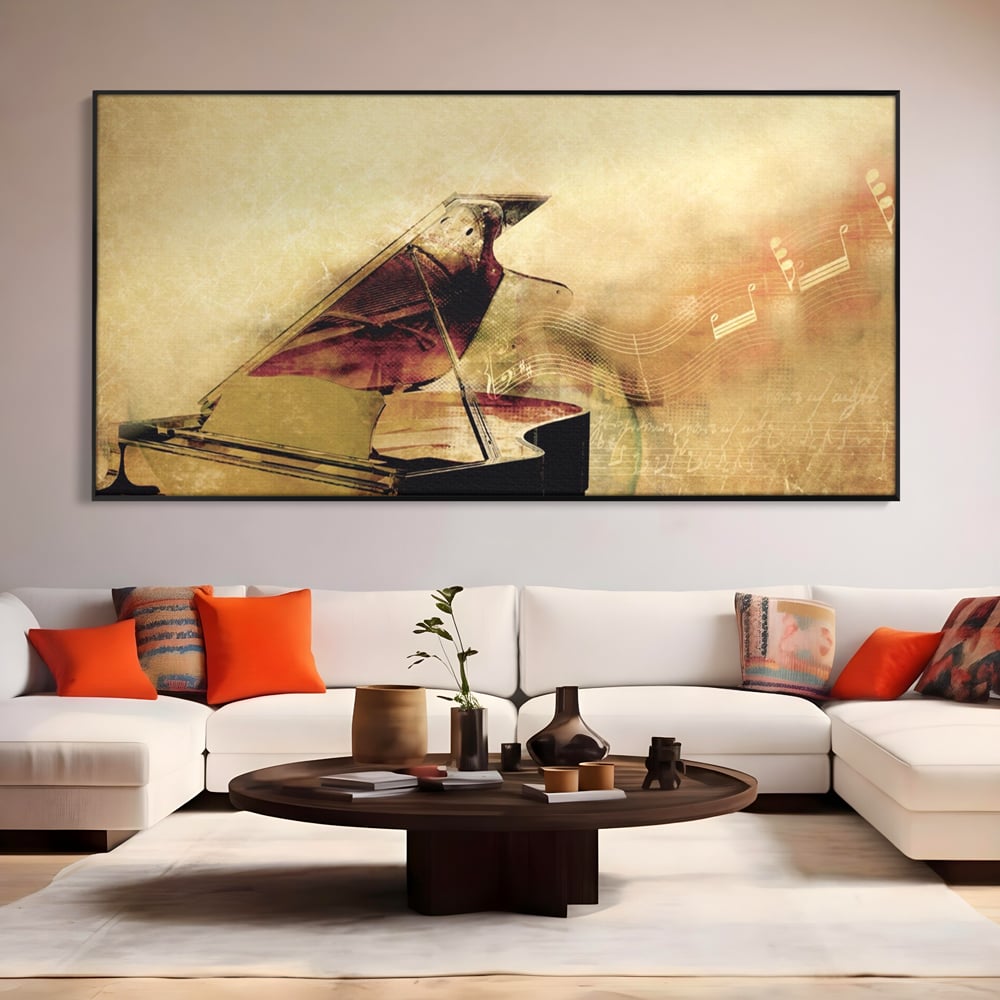 Tablou Canvas Premium LuxCanva® A1288, Pianul, Living, Instrument Muzical, Note Muzicale, Portativ, Studio, Culori Vibrante