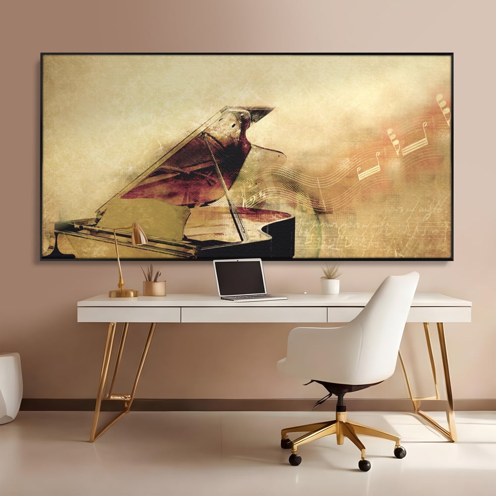Tablou Canvas Premium LuxCanva® A1288, Pianul, Living, Instrument Muzical, Note Muzicale, Portativ, Studio, Culori Vibrante