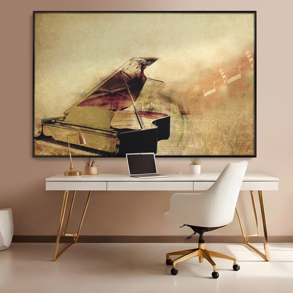 Tablou Canvas Premium LuxCanva® A1288, Pianul, Living, Instrument Muzical, Note Muzicale, Portativ, Studio, Culori Vibrante