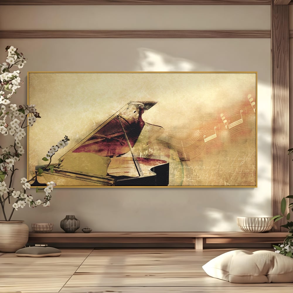 Tablou Canvas Premium LuxCanva® A1288, Pianul, Living, Instrument Muzical, Note Muzicale, Portativ, Studio, Culori Vibrante