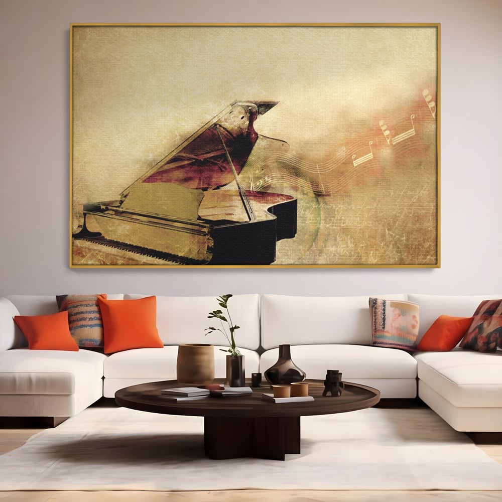 Tablou Canvas Premium LuxCanva® A1288, Pianul, Living, Instrument Muzical, Note Muzicale, Portativ, Studio, Culori Vibrante