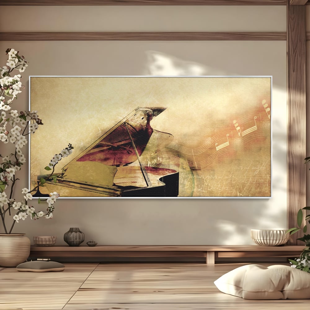 Tablou Canvas Premium LuxCanva® A1288, Pianul, Living, Instrument Muzical, Note Muzicale, Portativ, Studio, Culori Vibrante