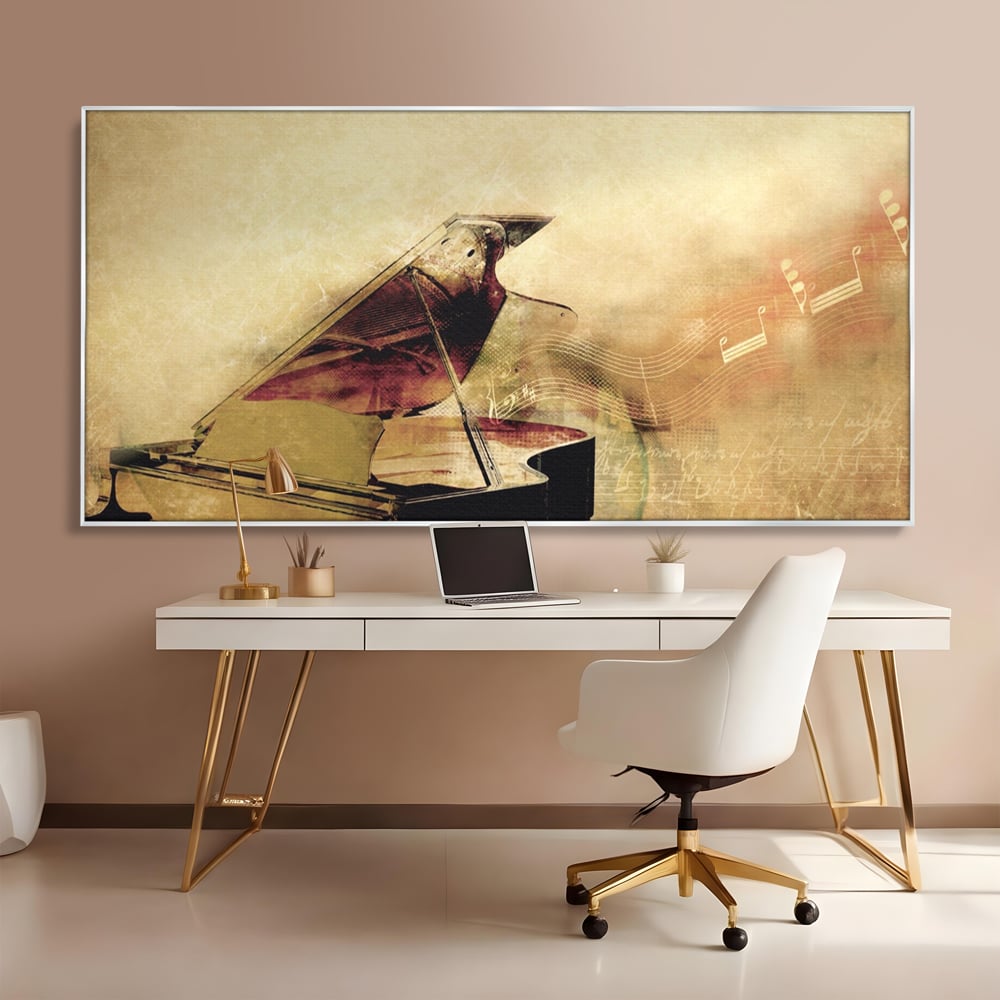 Tablou Canvas Premium LuxCanva® A1288, Pianul, Living, Instrument Muzical, Note Muzicale, Portativ, Studio, Culori Vibrante