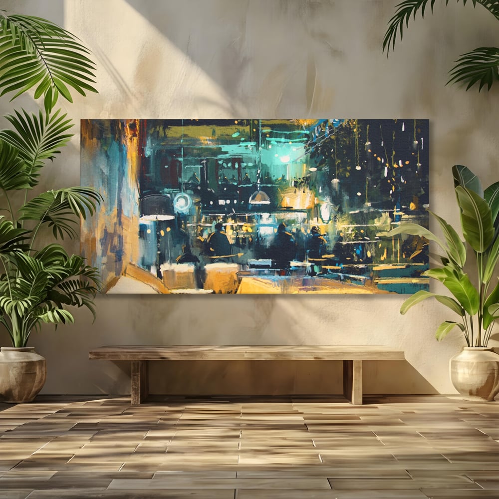 Tablou Canvas Premium LuxCanva® A1289, Night Club, Living, Oameni, Cafenea, Restaurant, Lumini, Culori Vibrante