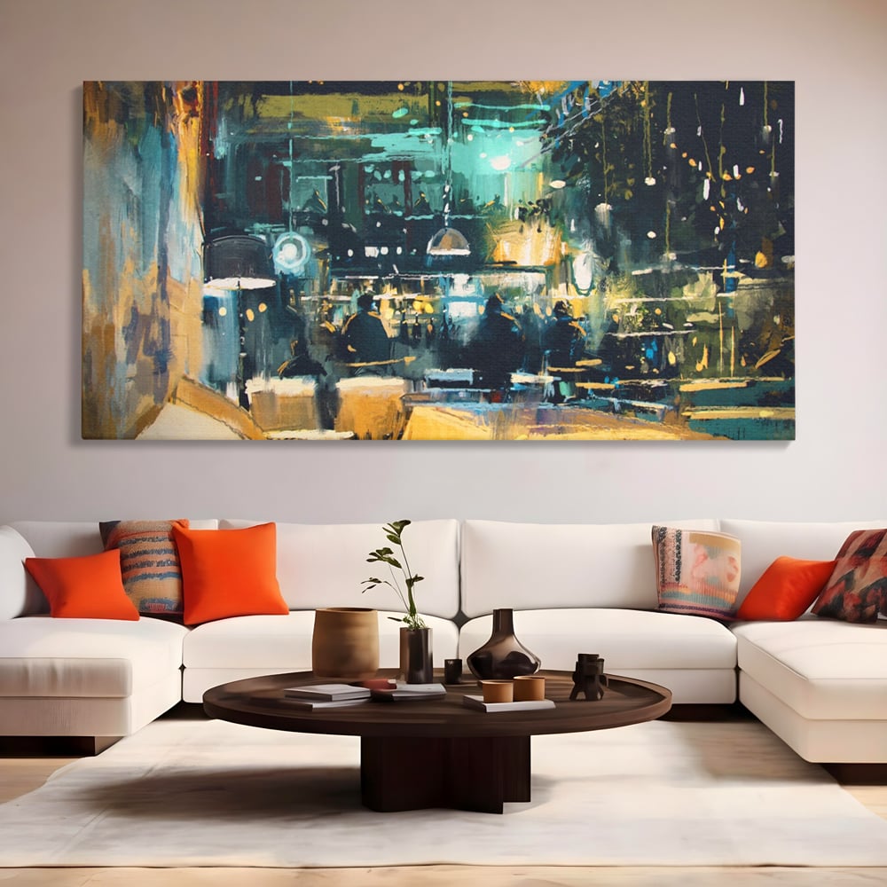 Tablou Canvas Premium LuxCanva® A1289, Night Club, Living, Oameni, Cafenea, Restaurant, Lumini, Culori Vibrante
