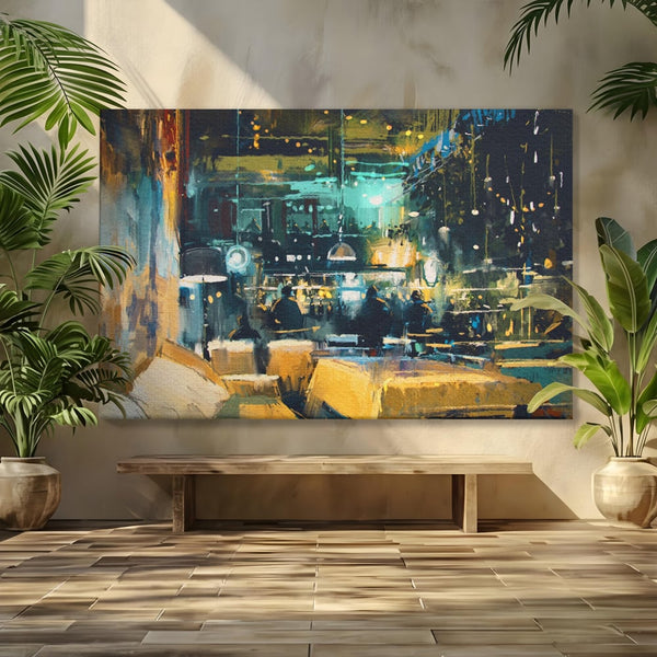 Tablou Canvas Premium LuxCanva® A1289, Night Club, Living, Oameni, Cafenea, Restaurant, Lumini, Culori Vibrante