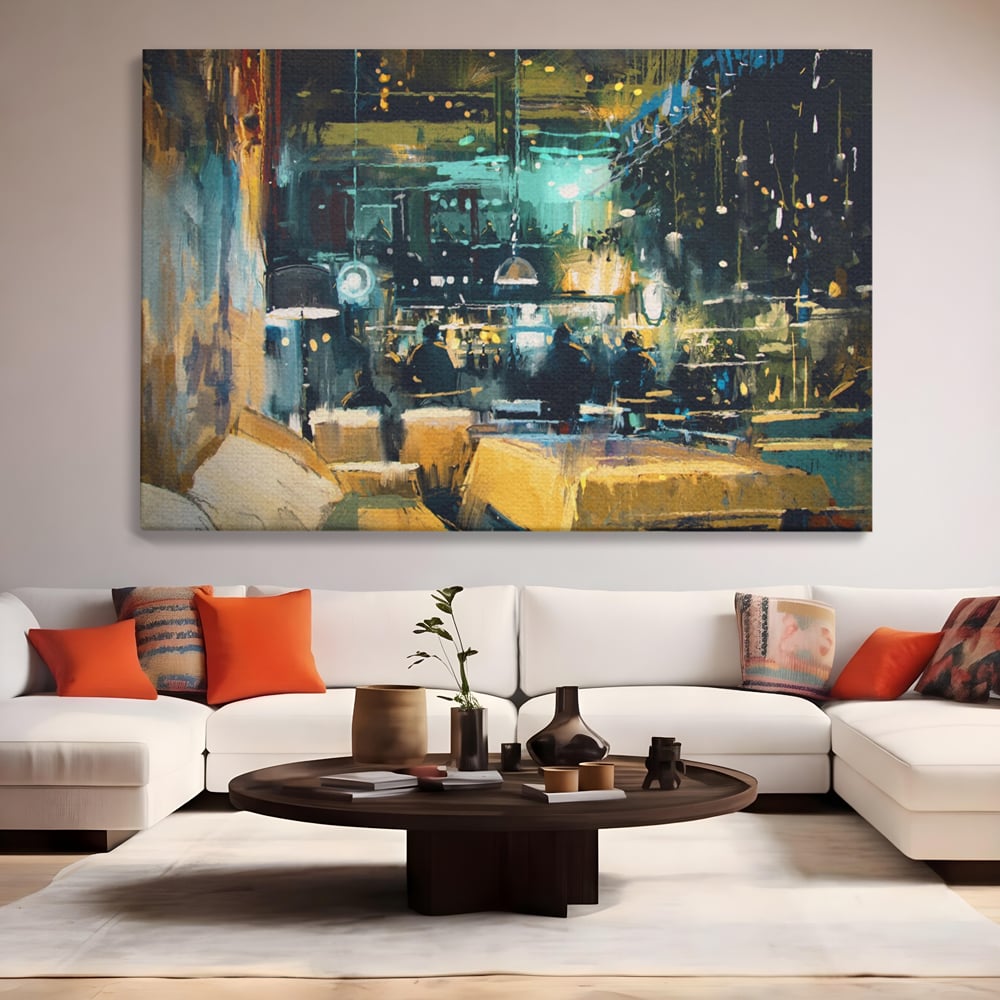 Tablou Canvas Premium LuxCanva® A1289, Night Club, Living, Oameni, Cafenea, Restaurant, Lumini, Culori Vibrante