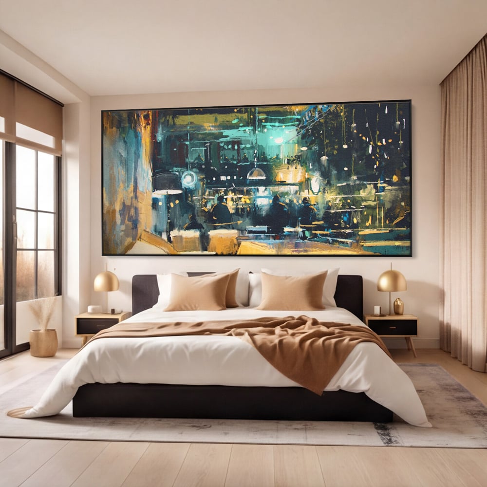 Tablou Canvas Premium LuxCanva® A1289, Night Club, Living, Oameni, Cafenea, Restaurant, Lumini, Culori Vibrante