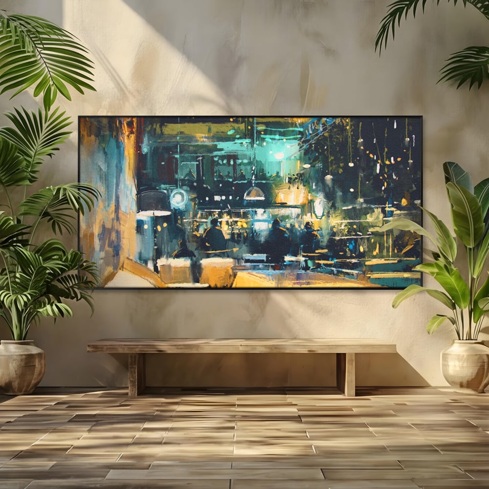 Tablou Canvas Premium LuxCanva® A1289, Night Club, Living, Oameni, Cafenea, Restaurant, Lumini, Culori Vibrante